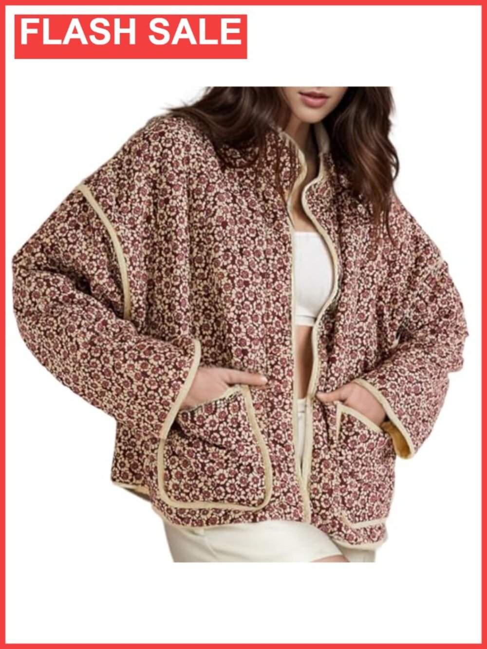Women's Cropped Quilted Puffer Jacket Floral Print Open Front Lightweight